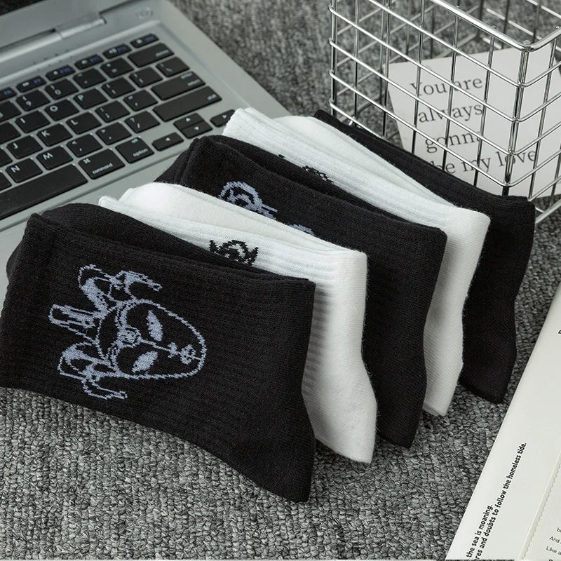 10 pairs of funny little devil pattern socks, casual and personalized, black and white colors suitable for various trendy occasi