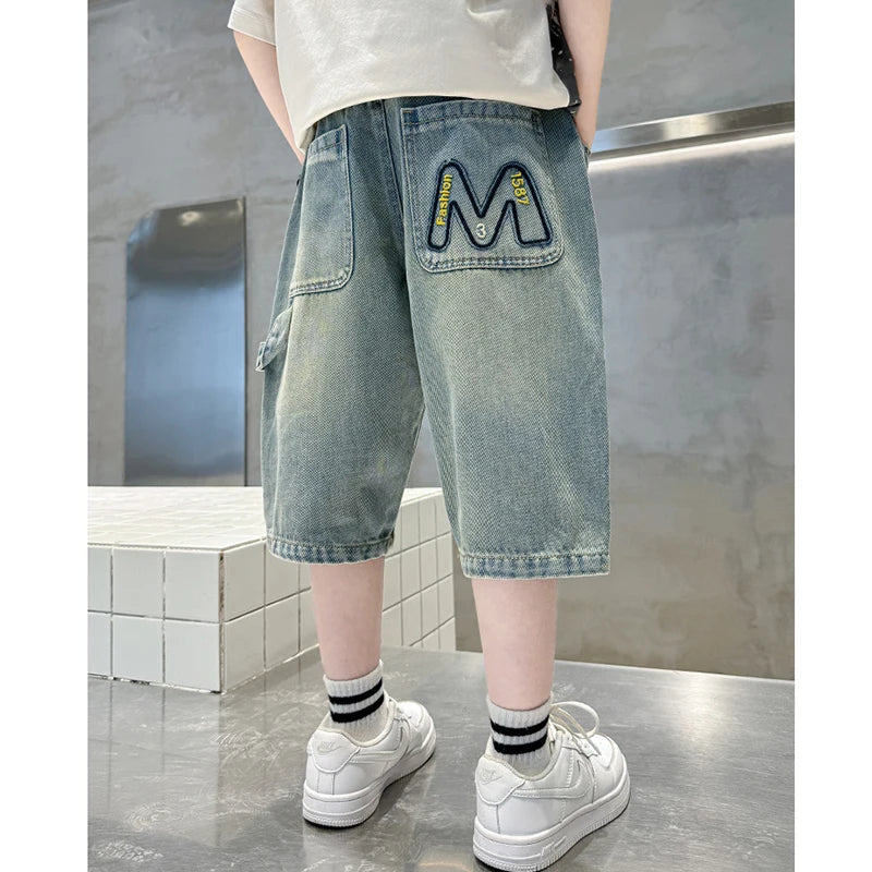 New Summer Teen Boys Shorts Jeans Fashion Letter M Embroidery Short Denim Pants For 4-14 Years Kids Children Trousers