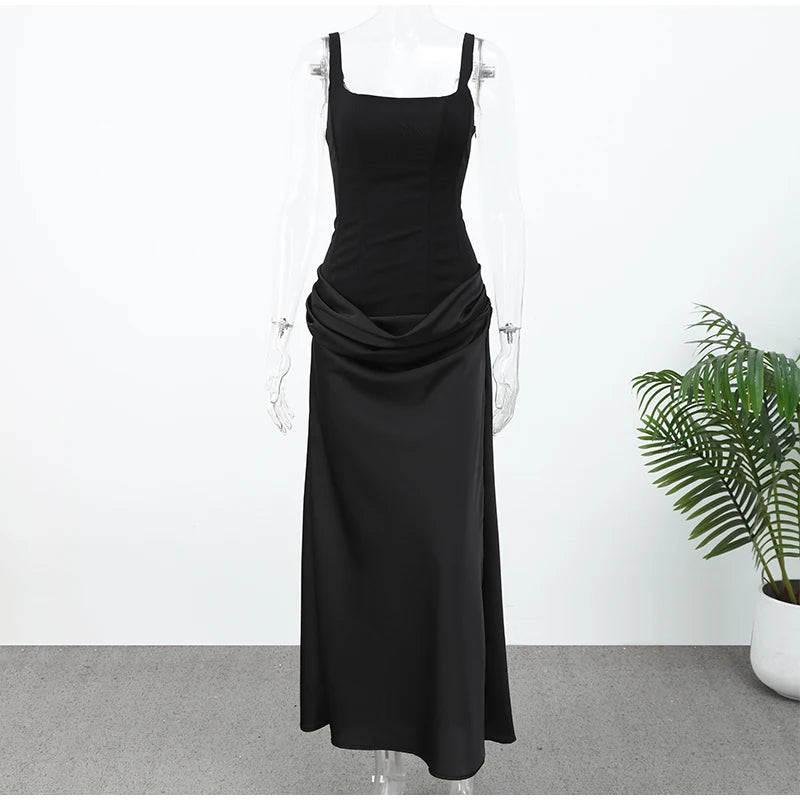 Women's Red Pleated Sling Maxi Dress Square Neck Sleeveless Off-shoulder Waist Cinching Slim Dresses Fashion Evening Party Gowns