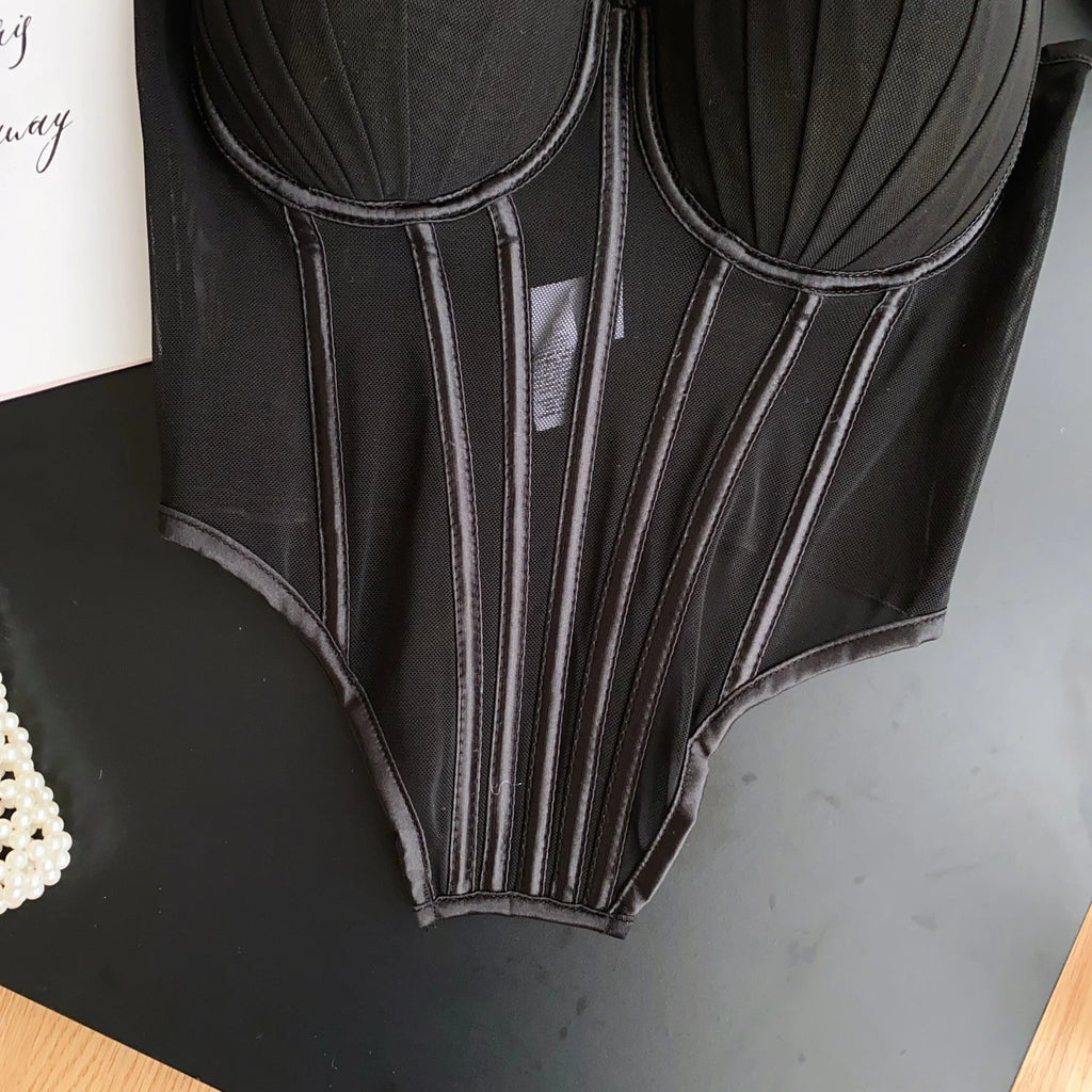 SINGREINY Fashion Solid Corset Lingerie Top Ladies Strap Sheer Mesh Slim Camisole American Retro Backless Beach Sexy Tank Top