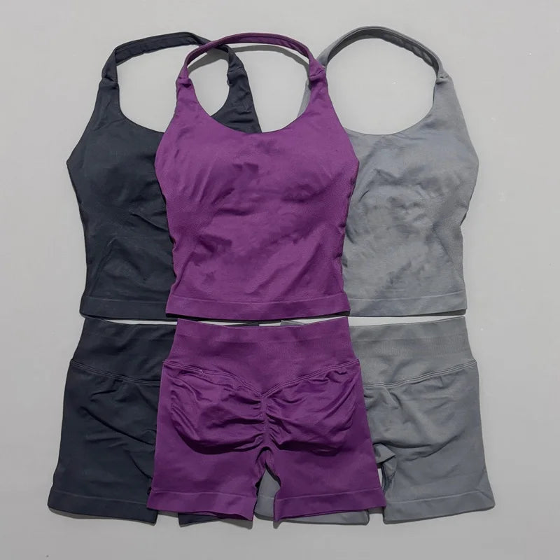 2 Peice Histello Sports Set Women Seamless Halter Top Longline Strappy Padded Scrunch Shorts Set Yoga Suit Gym Workout Sets