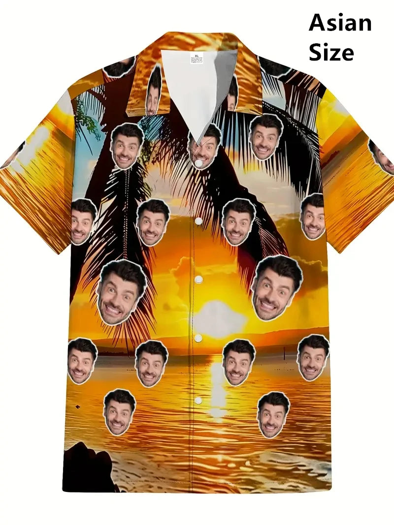 Face Photo Beer Shirts For Men Clothing Custom 3D Print Hawaii Beach Shirt Y2k Top 90s Vintage Clothes Lapel Short Sleeve Blouse