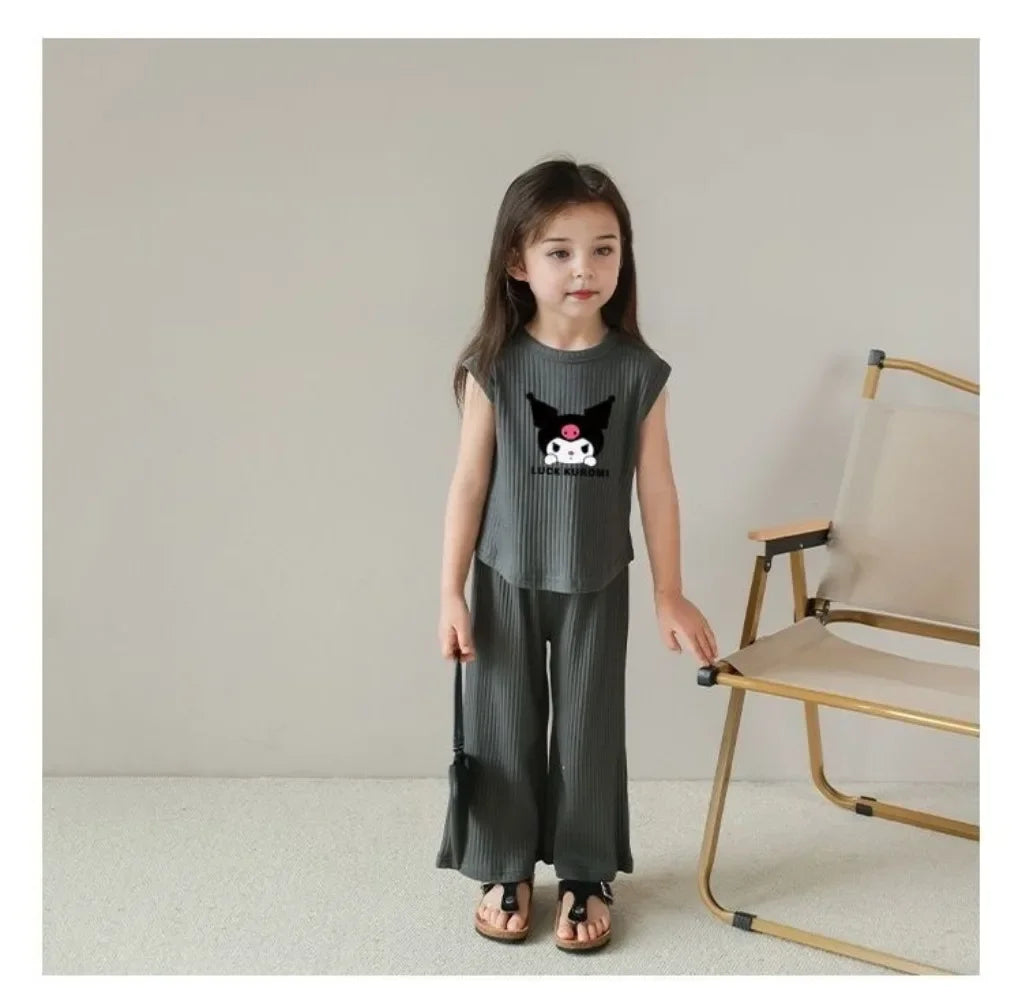 2026 Summer Kuromi Anime Kawaii Baby Ice Silk Sleeveless Vest Top Pants Two Sets Cute Cartoon Children Clothes Gifts for Kids