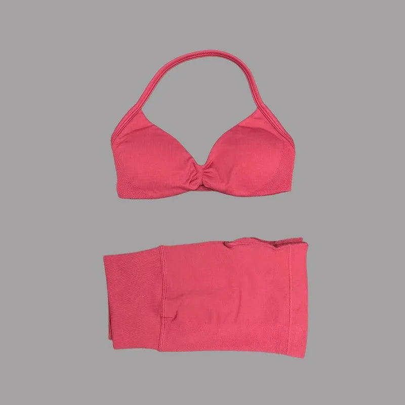 2 Piece Sports Gym Set Strappy Bra Yoga Underwear Short Sport Leggings Bicycle Running Sportswear Woman Seamless Yoga Set
