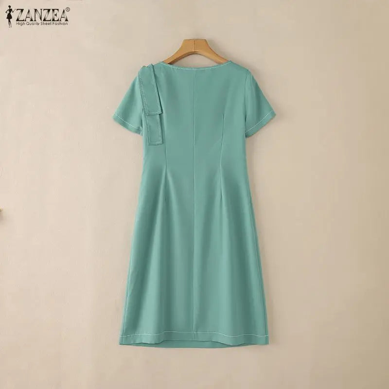ZANZEA Elegant Women OL Work Dresses 2026 Summer Short Sleeve Solid Knee Length Dress Robe Stylish A Line Waisted Party Vestidos