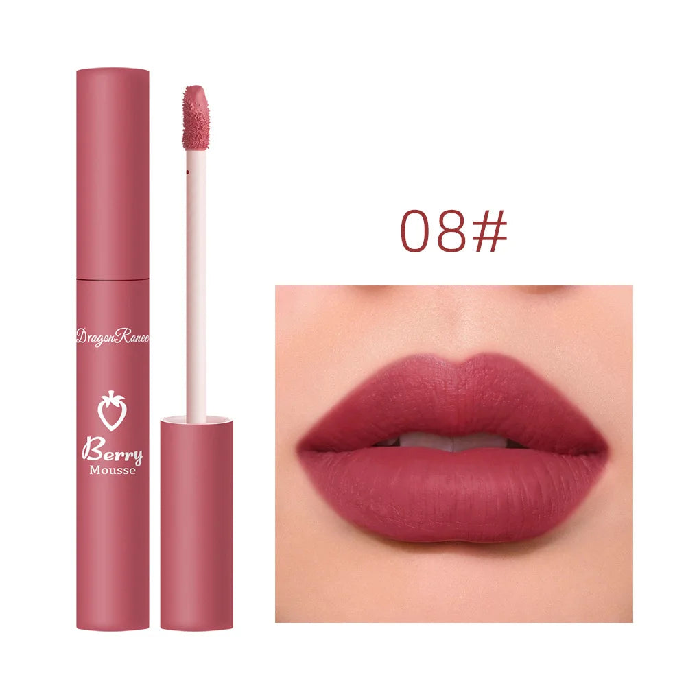 Dragon Ranee 12 Color Matte Lip Gloss Velvet Texture Waterproof Moisturize Lip Gloss Lasting Non-stick Cup Fashion Cosmetics 5ml