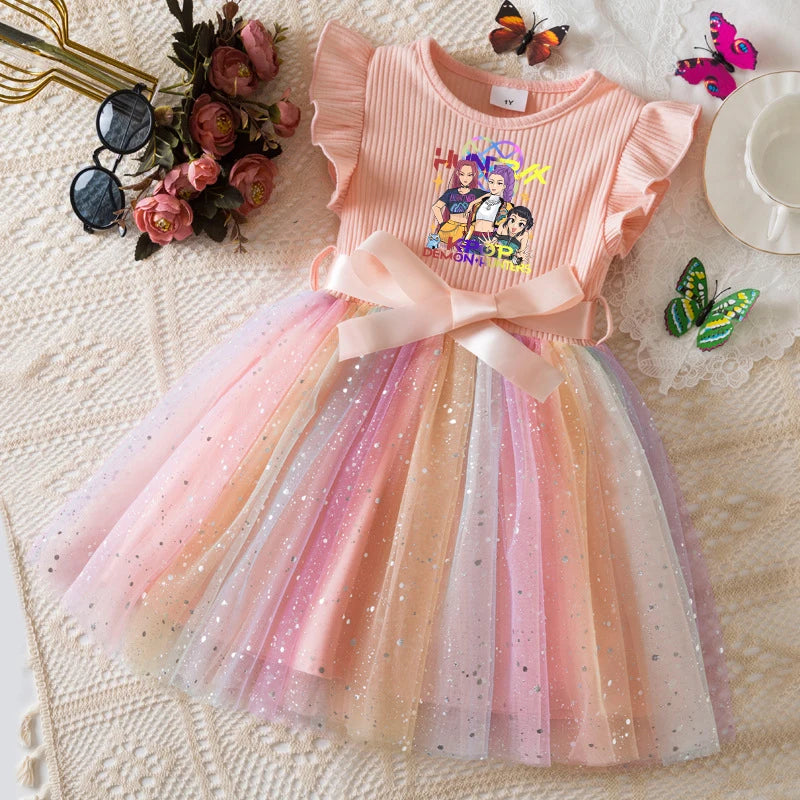 K-Pop Hunters Zoey Mira Rumi Girls Flying Sleeves Bow Sequin Dress Kids Baby Girl Birthday Party Fluffy Tutu Princess Dress 1-5Y