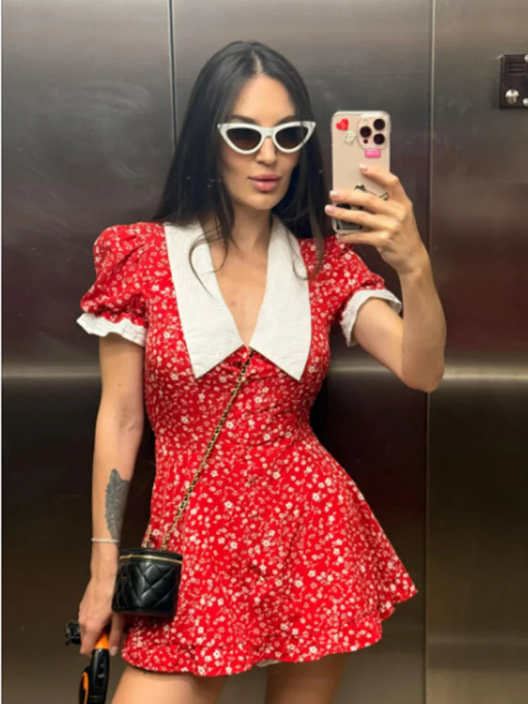 Sexy Pink Floral Print Ruffle Slim Short Dress Women Elegant V-neck Pleated Puff-sleeve Ruched Dresses Lady Party Club Robe New