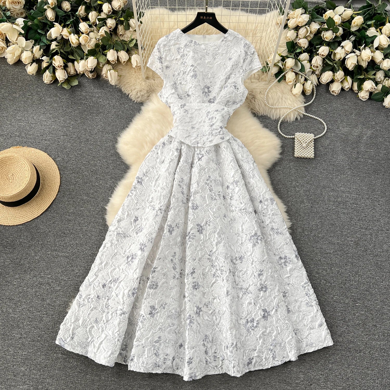 Court Style Elegant Long Dresses for Women Jacquard O-neck Short Sleeve A-line High Waist Vestidos Mujer Frenchic Dress Dropship