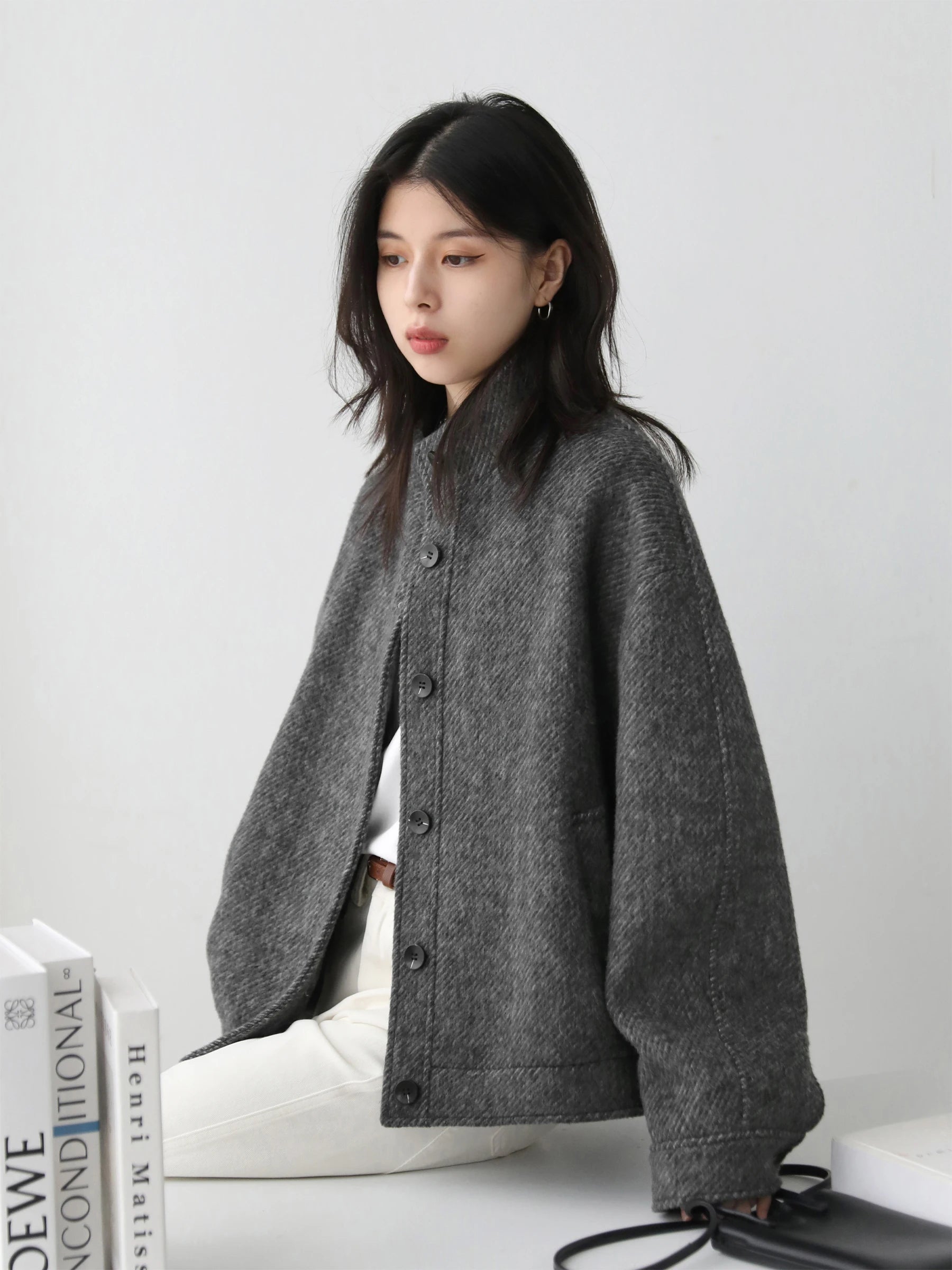 CHIC VEN Women Short Woolen Coat New Stand Up Twill Texture Single Breasted Ladies Jacket Retro Woman Outwear Autumn Winter 2025