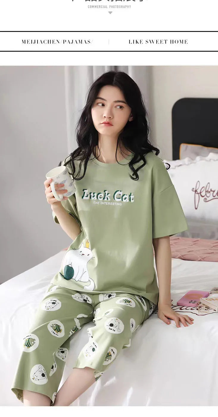Women Pajamas Sets Plus Size Summer Silk Sleepwear Ladies Thin Short-Sleeved Seven Pants O-Neck Casual Cat Home Wear Night Wear