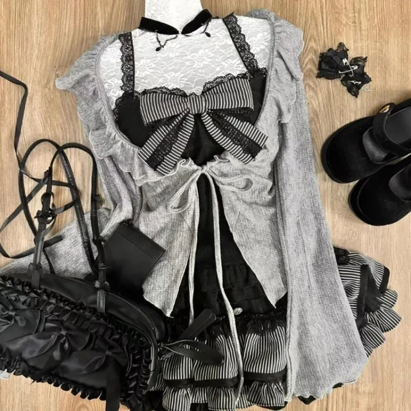 Sweet Lolita Early Autumn Three Piece Set Lace up Ruffles Cardigan Sexy Slim Fit Strapless Vest Tops High Waist Ruched Skirts