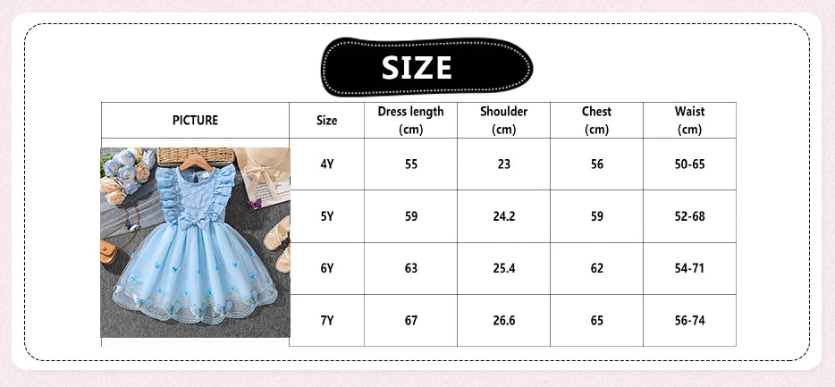 Kids Princess Dress For Girls O-Neck Wing-Sleeve Bowknot Floral Print Embroidery 4-7 Years Summer Sweet Birthday Party Clothing