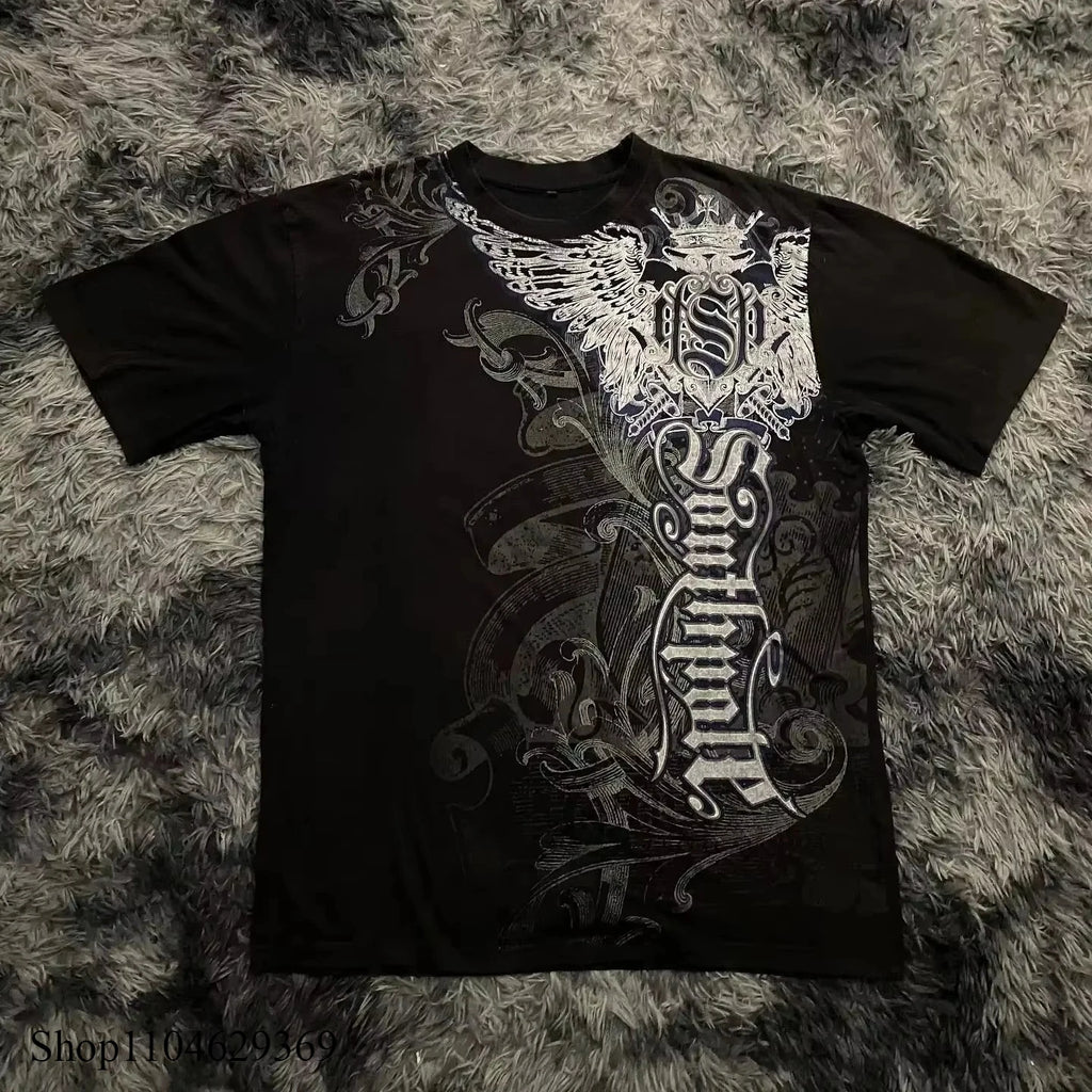 Classic Y2K Gothic Style T-shirt Print Oversized T Shirt High Street Shirts Gothic Round Neck Cotton Tops New Mens Women T Shirt