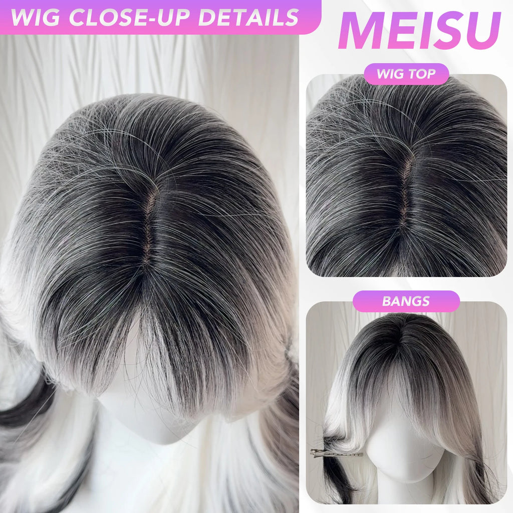 MEISU 26 Inch Synthetic Wig Curly Wave Wig Black White Color Heat-Resistant Natural Smooth Hair Stylish Party Wigs For Women