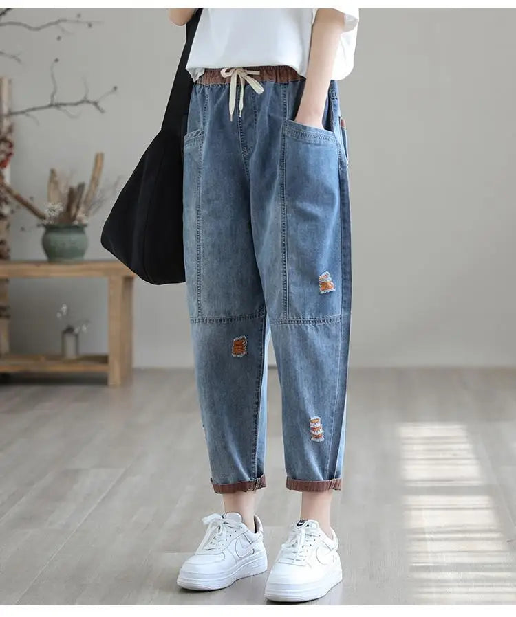 Nine Point ripped Jeans For women Summer 2025 new Loose Thin Elastic waist Casual Harem pants Female denim Ankle Length pants