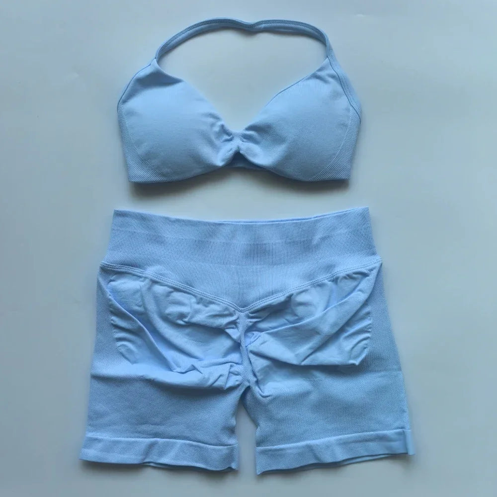 NO LOGO 2PCS Gym Set Women Strappy Yoga Bra Top High Waist Workout Scrunch Shorts Sports Suit Seamless Yoga Set Fitness Clothes