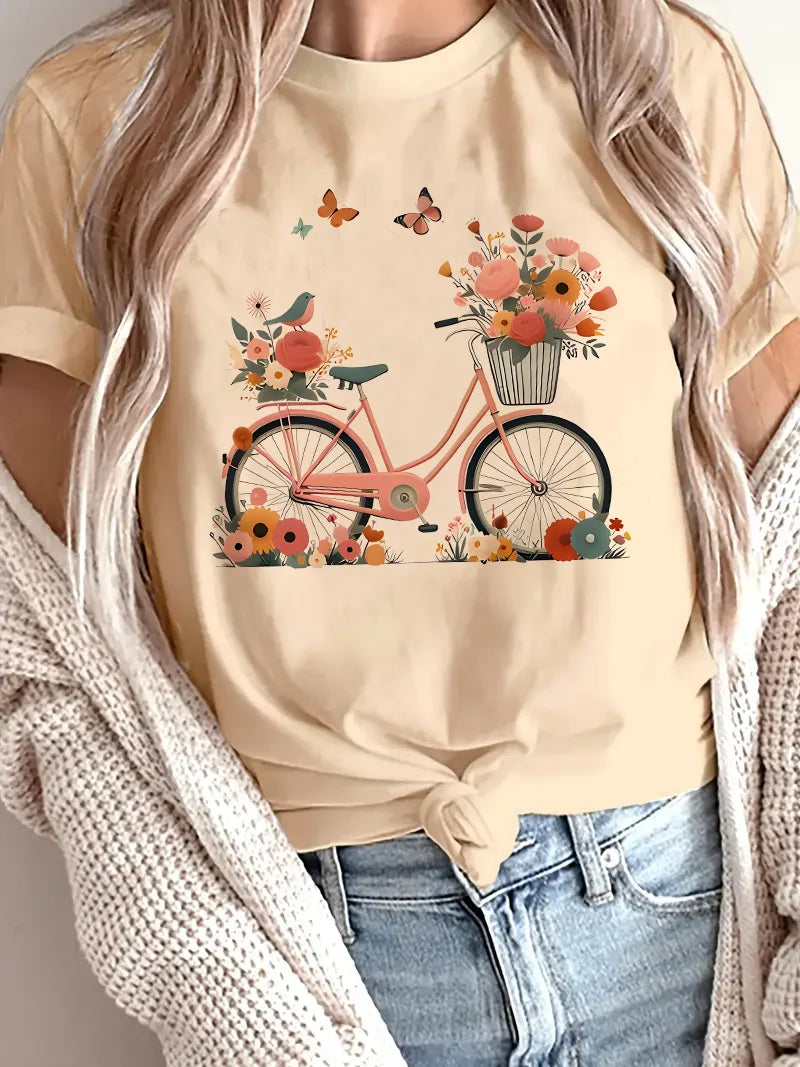 Floral Butterfly with Bicycle Print Casual T-Shirt Graphic Print Design Round Neck Tee Spring Summer T Shirt