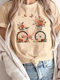 Floral Butterfly with Bicycle Print Casual T-Shirt Graphic Print Design Round Neck Tee Spring Summer T Shirt