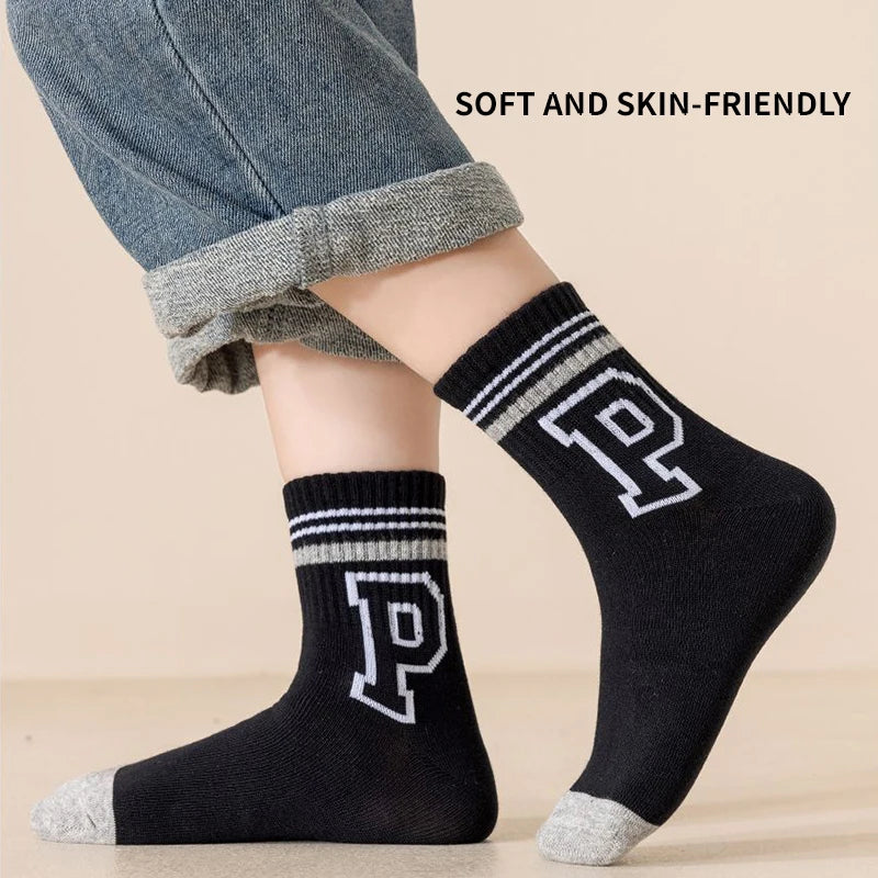 5 Pairs Letter Children Boys Sports Socks High Quility Cotton Combed Comfortable Soft Sweat Absorbing Elastic Mid-calf Kids Sock