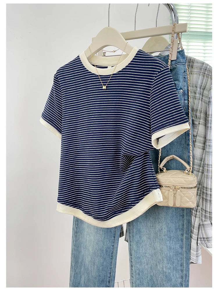 2026 New Women's Loose Fit Casual Stripe Short Sleeve T-Shirt Comfortable Breathable Cotton Polyester Blend Summer Top