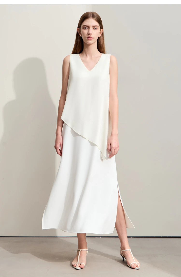 Amii Minimalism 2024 Women Dresses Summer New Vacation Style V-neck Spliced Chiffon Female Sleeveless Loose Dress 12452102