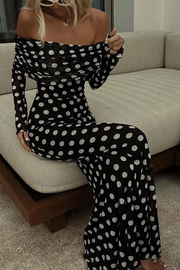 Summer Fashion Vacation Style Fashion Party Women's Long Elegant One Shoulder Wave Dot Print Slim Fit Sexy Long Retro Dresses