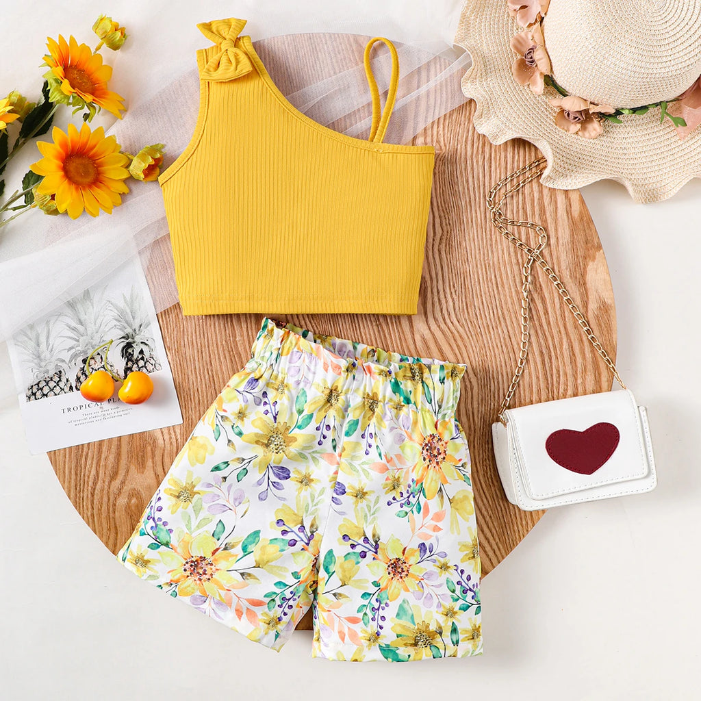 2PCS Summer Kids Girl Clothes Set Suspenders Bow Top+Flower Shorts Fashion Sense Design Party Costume For Child Girls 1-8 Years