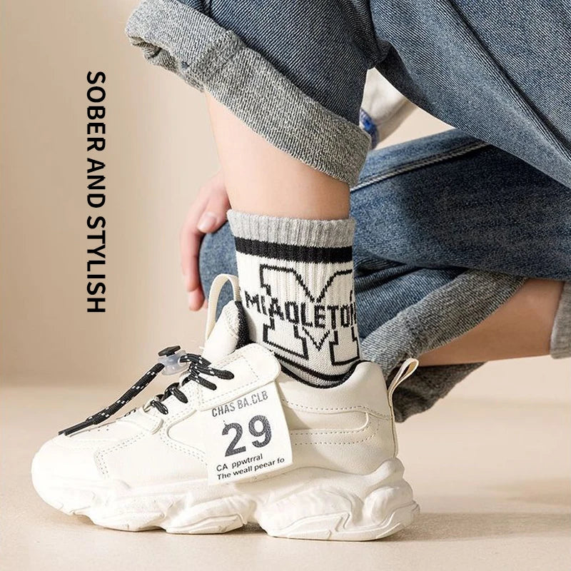 5 Pairs Letter Children Boys Sports Socks High Quility Cotton Combed Comfortable Soft Sweat Absorbing Elastic Mid-calf Kids Sock