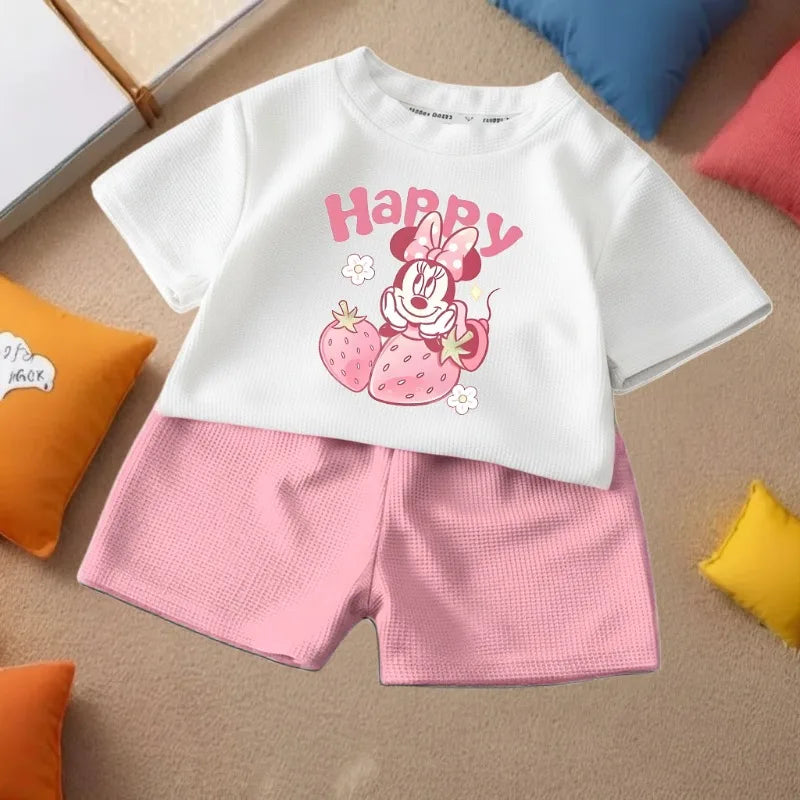 DISNEY Children's Casual T Shirt and Shorts 2pcs Sets Cute Minnie Printed Girls Fashion Outfits Summer Kids Outdoor Shorts Set