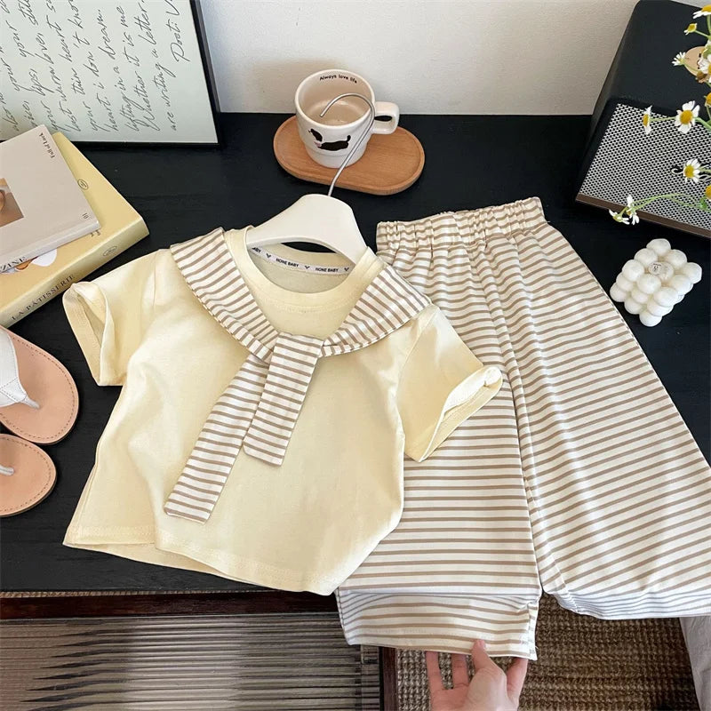 Girls Suit Summer Short-sleeved T-shirt With Stripes Shawls+Pants 2Pcs Outfits Kids Casual Clothes Children's Fashion Sets 1-12Y