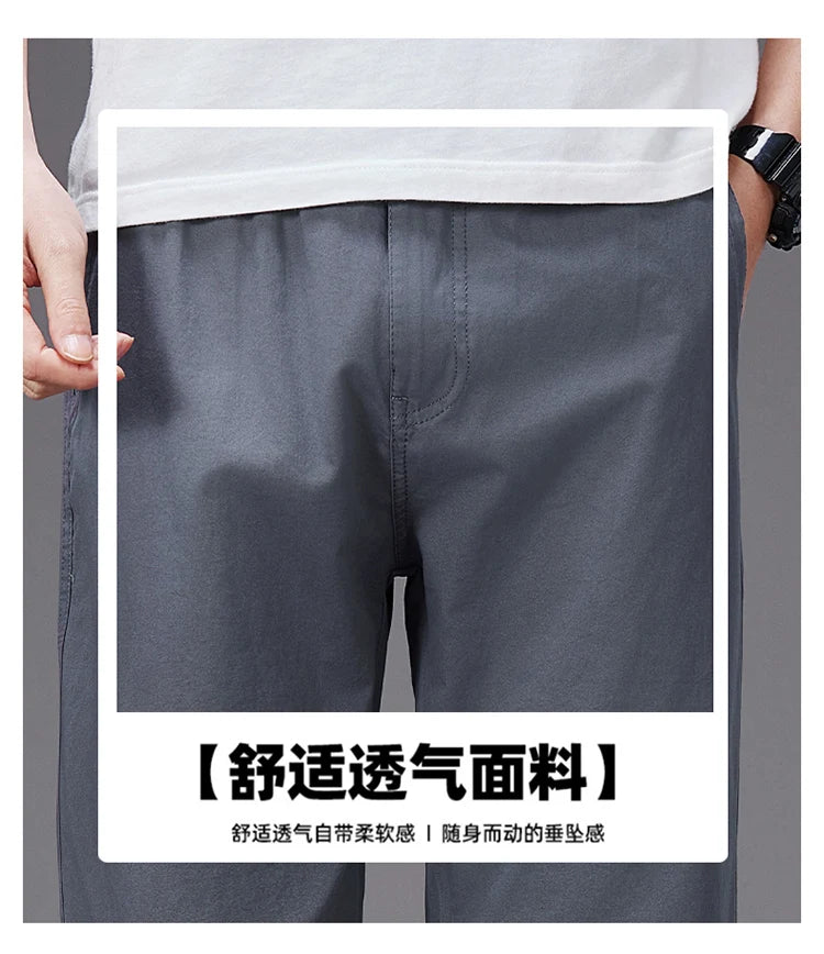 Big Size Casual Pants Men Elastic Waist Straight Leg Fit Summer Trousers Male Loose Cotton Work Wear Plus Large 6XL Khaki Light
