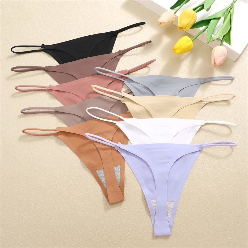 5PCS Seamless Underpants Women Ice Silk Thongs Sexy Low Waist Bikini T-back Female Solid Color Traceless G-String Panties XS-XL