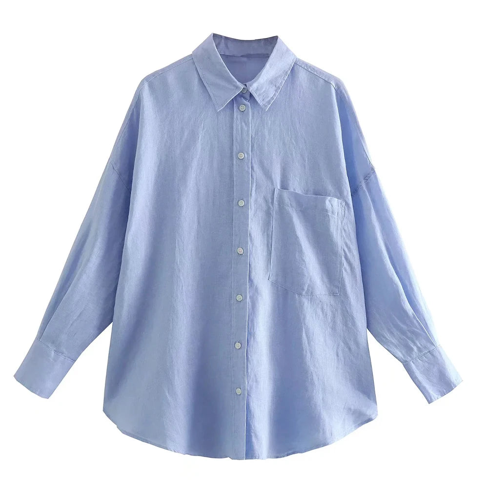 Women Fashion With Pocket Oversized Shirts Vintage Long Sleeve Button-up Female Blouses Blusas Chic Tops