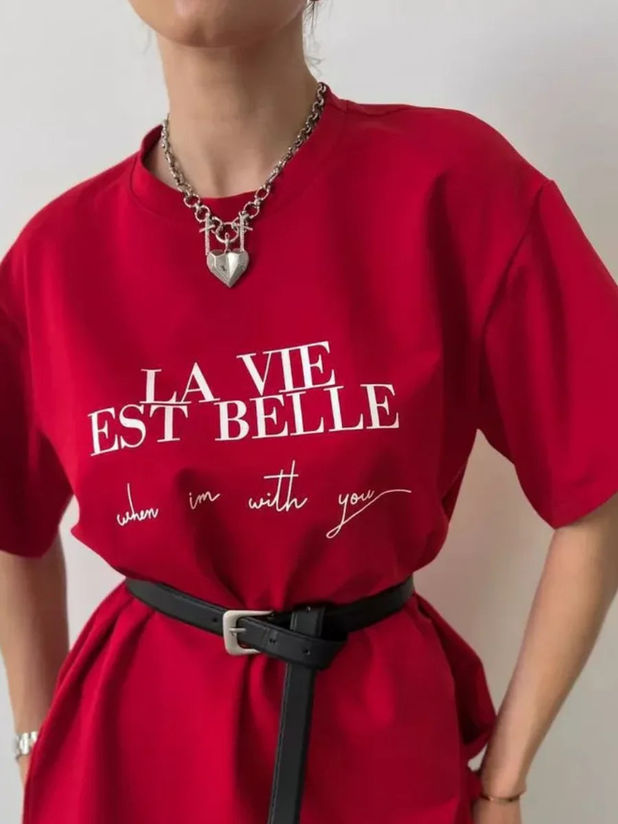 Summer American Ins Mid-length Temperament Printed T-shirt Street Personality Women's Letters Versatile Cotton Short-sleeved Top