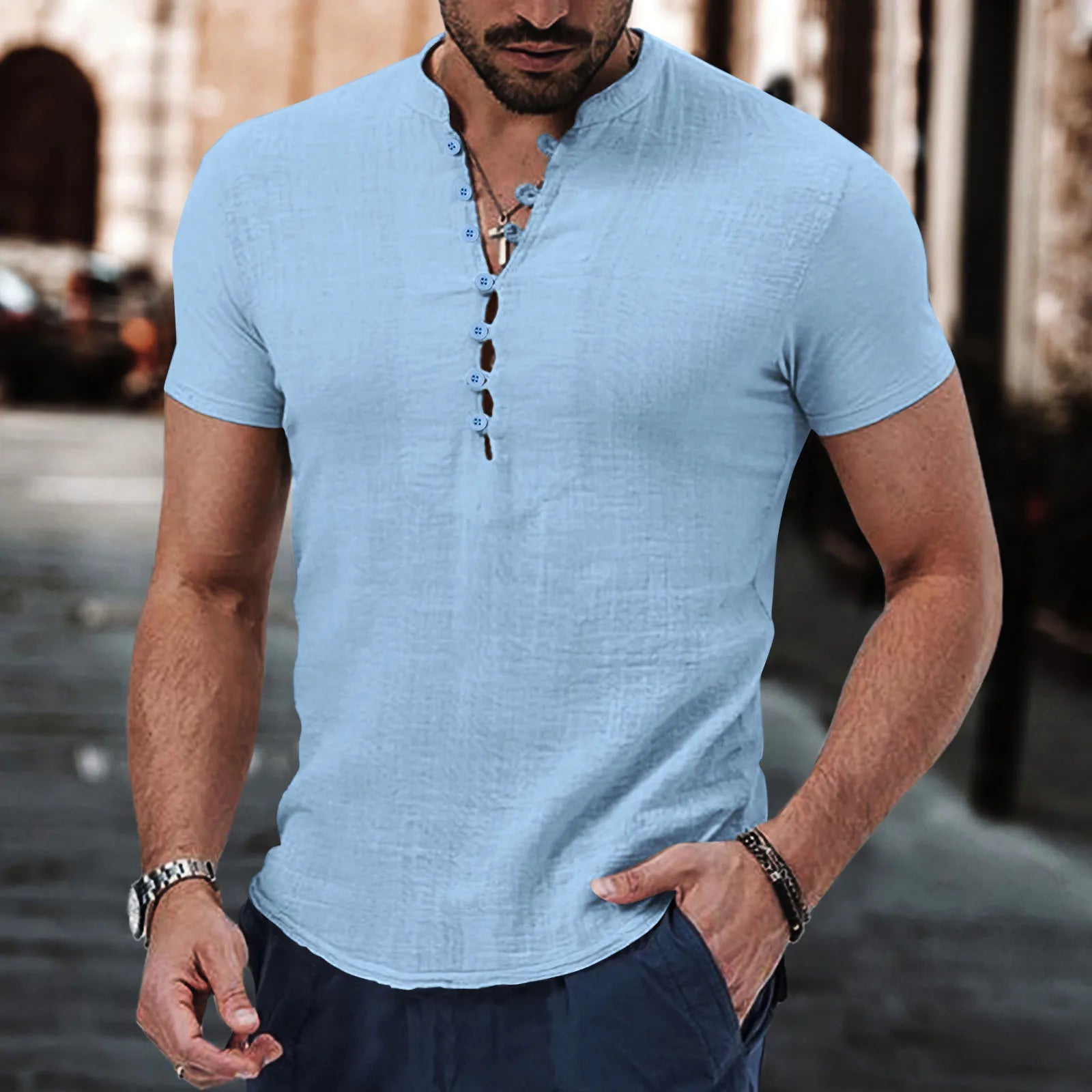 Men's New Vintage Cotton Linen Henley Shirt Short Sleeve Fashion Casual Breathable Solid Color Summer Daily Tops