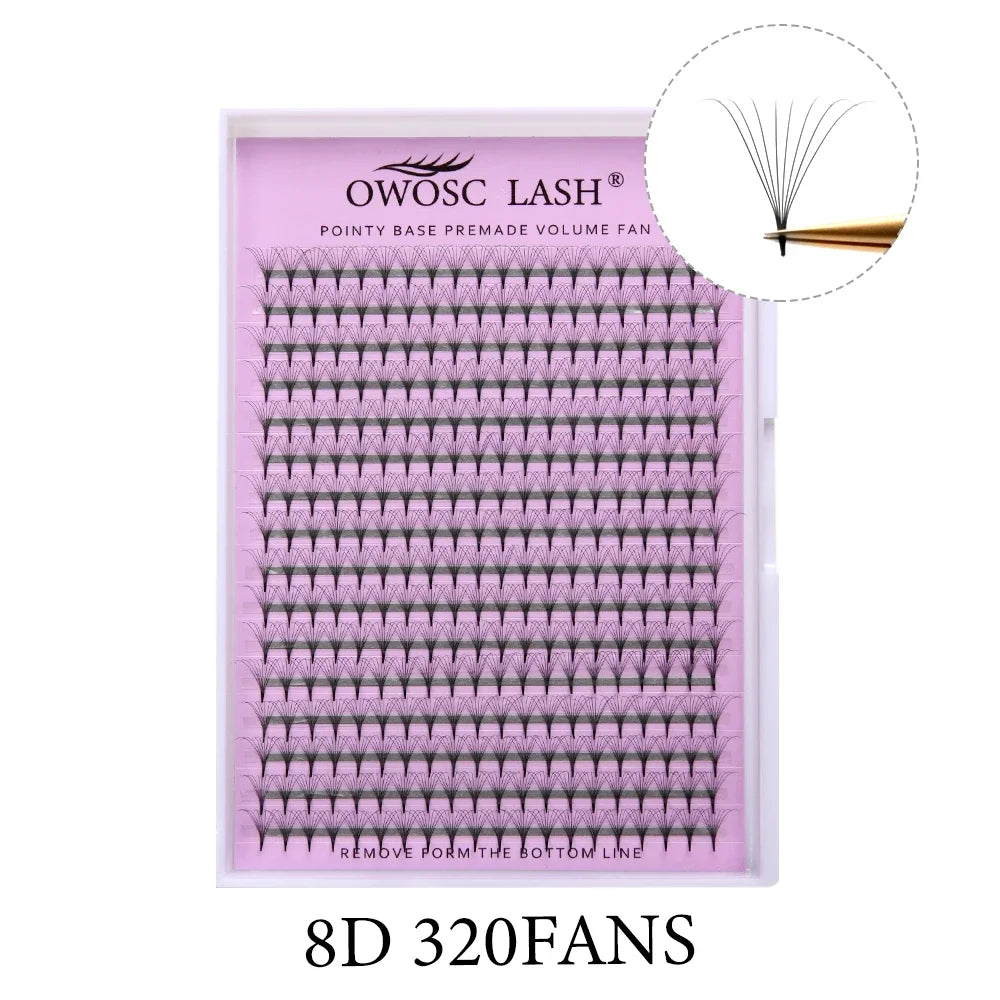 OWOSC Pointy Base Premade Volume Fans Eyelash Extension 3D/6D/8D/10D/12D/14D Individual Sharp Pointy Stem 320 fans Custom Logo