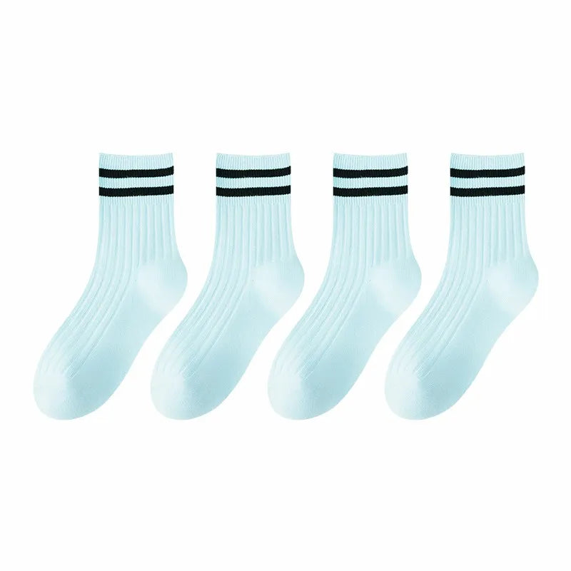 Kids Boys Girls Cotton Socks - Seamless Double Needle Ribbed 2-Stripe, Teens Students All Season School Home Sports Socks