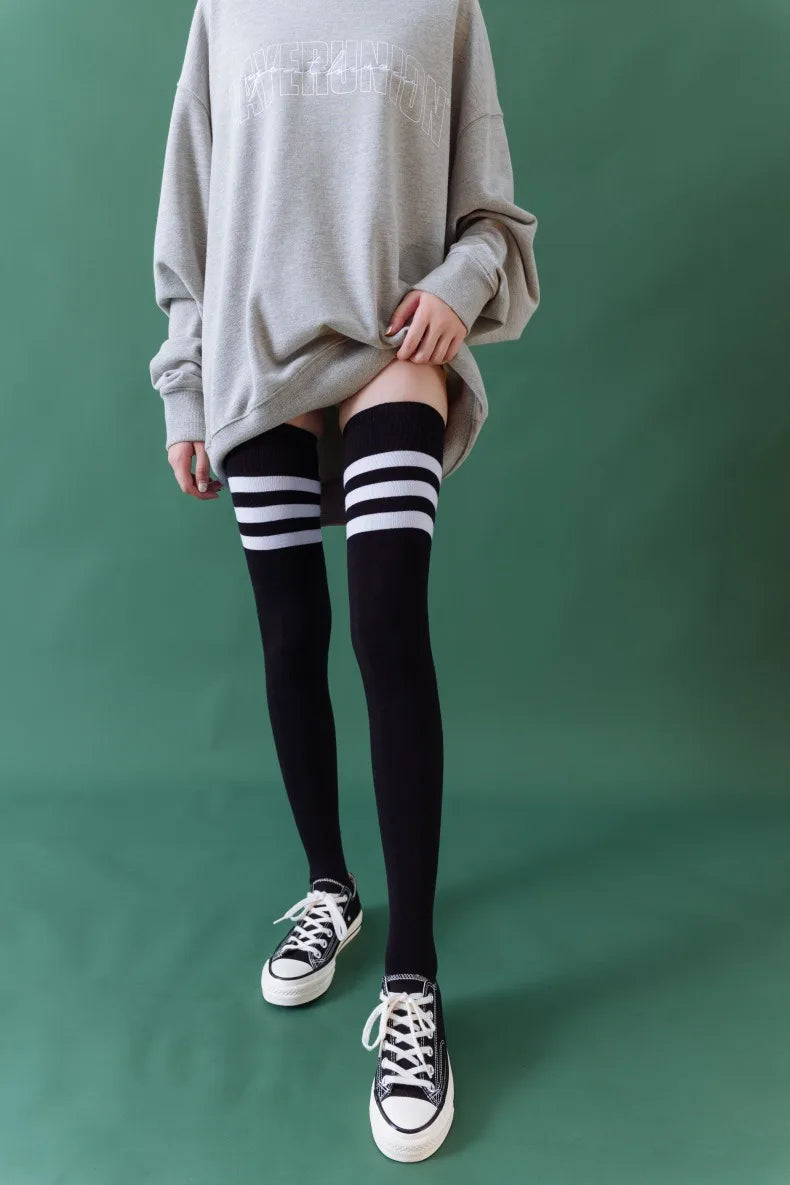 2 Pairs Women's Over The Knee Socks Cotton Thigh High Socks Black White Blue Colorful Striped Pattern Fashion Casual Daily Wear