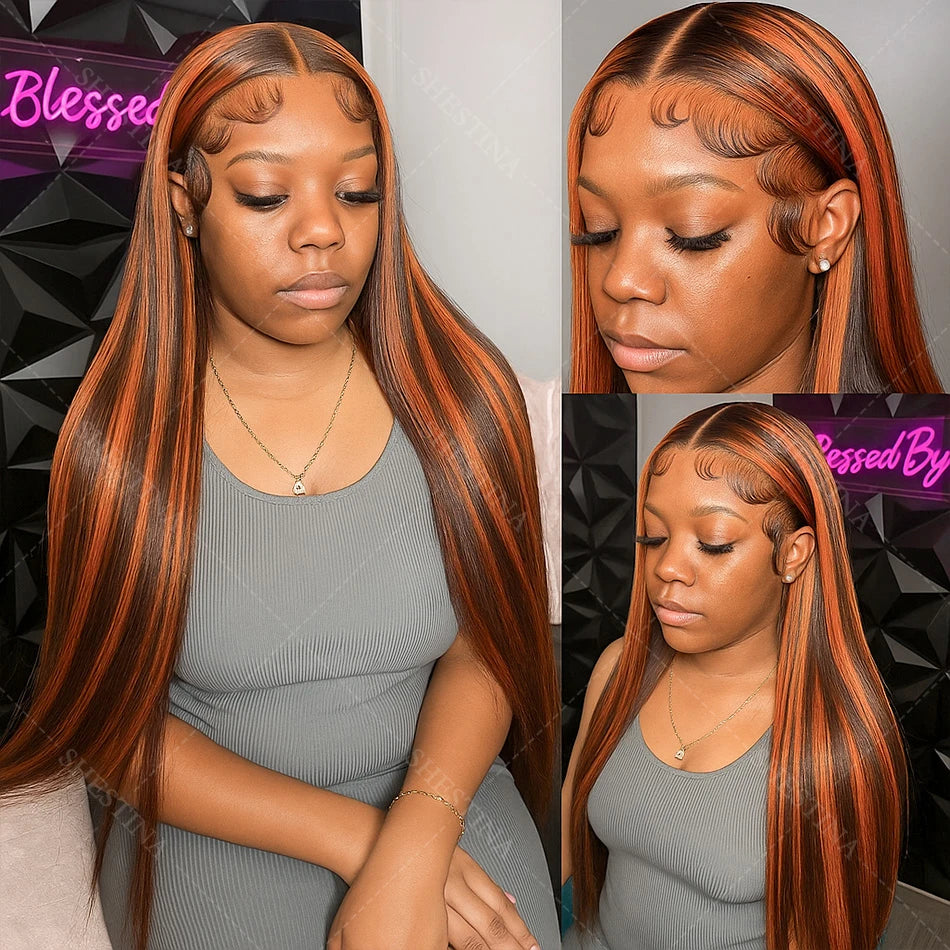 Brown Ginger Highlight Wigs Human Hair Bone Straight 5x5 Lace Frontal Glueless Pre Cut Ombre Ginger Colored Hair Wigs For Women