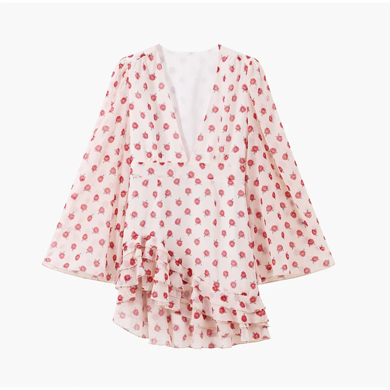 Elegant Floral Printed Mini Dress Women V-neck Short Sleeves Waist-cinching Ruffle Hem Dresses 2026 Lady Summer Vacation Gowns