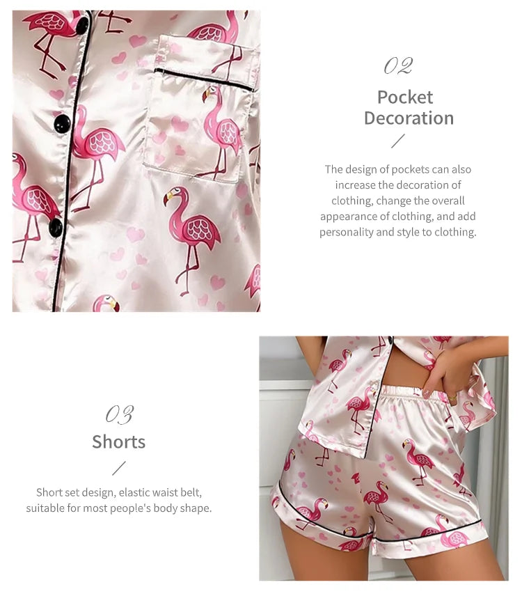 Women's Pajama Pj Set Heart Print Satin Pyjama Casual Short Sleeve Lapel Collar Tops & Pants Sleepwear & Loungewear for Adults