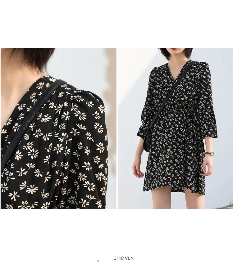CHIC VEN New Women Dresses Long Sleeved Retro V-neck Black Floral Female Dress Elastic Waisted Lace Up Spring Summer 2026