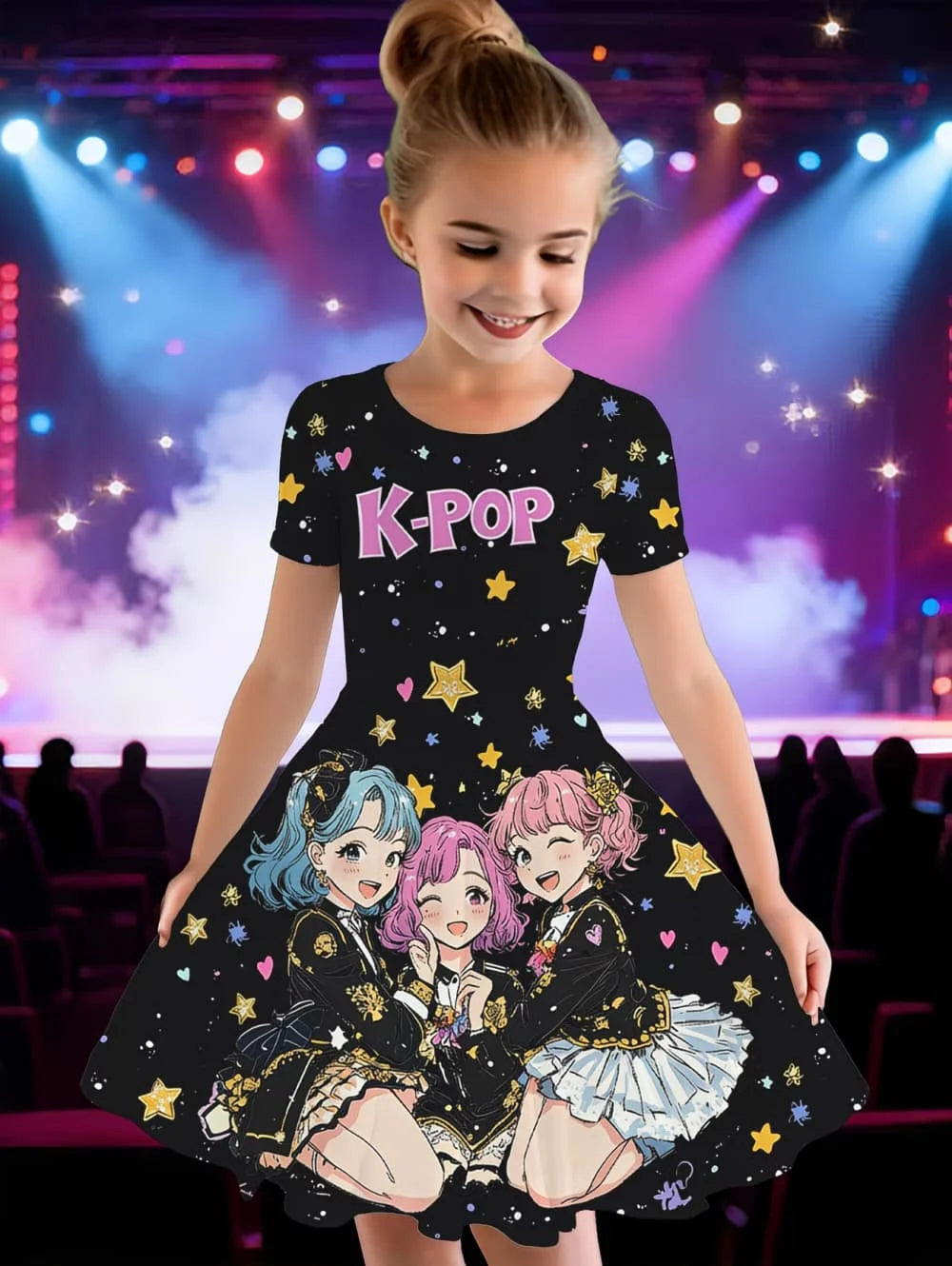 Kpop Cartoon Graphic Dress for Girls Funny Gift for Fan Harajuku Girl Clothes Summer Tops Short Sleeve Dress Children's Clothing