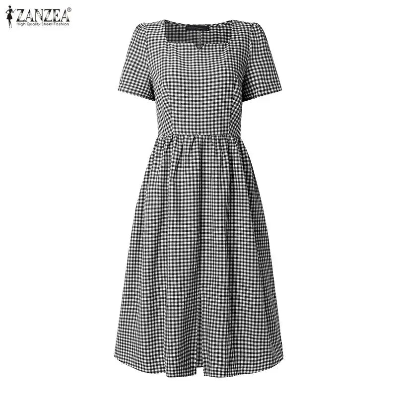 Women Summer Plaid Dress 2026 ZANZEA Elegant Square Neck Short Sleeve Midi Dresses Casual Work Vestidos Stylish Holiday Sundress