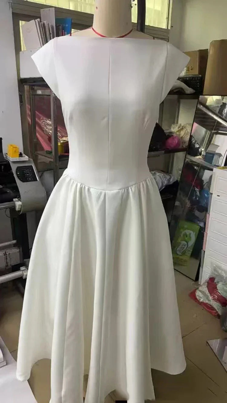 Suninheart Women Circle Cut Out Back Dress Wide Shoulders and Fitted Waist Prom Dress Fluffy Hem Midi Wedding Party Dresses