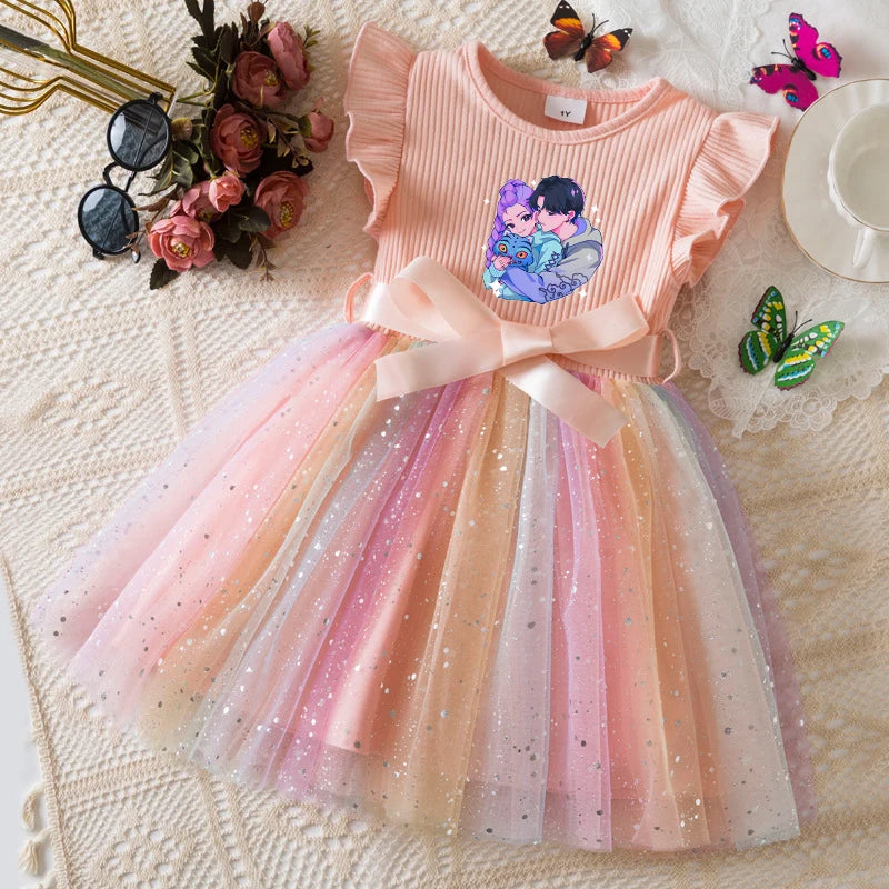 K-Pop Hunters Zoey Mira Rumi Girls Flying Sleeves Bow Sequin Dress Kids Baby Girl Birthday Party Fluffy Tutu Princess Dress 1-5Y