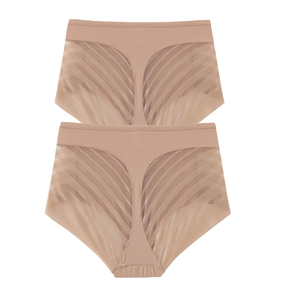 2Pcs/Set Women's Ice Silk Tummy Control Panties Mid Waist Mesh Splice Shaping Briefs Butt Lifter Slimming Soft Underwear M-3XL