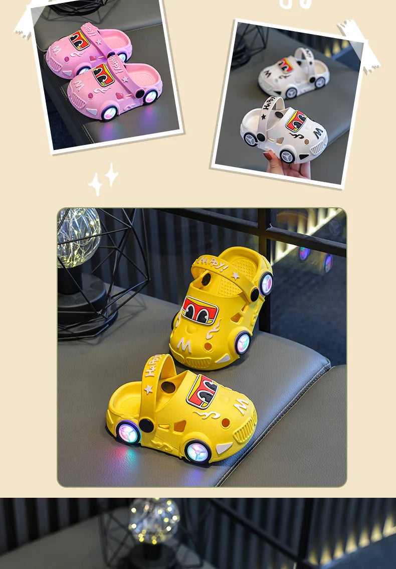 Children's Slippers 2026 Summer New Boys' Car Shaped Wheels Will Light Up Anti Slip Soft Bottom Baby Beach Slippers