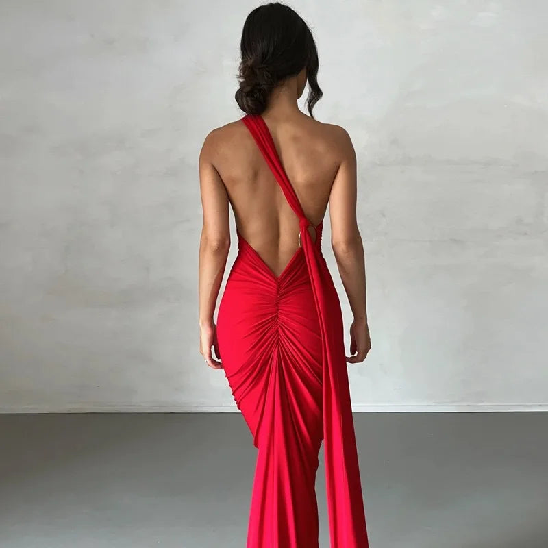 Women's One-Shoulder Sleeveless Maxi Dress Adjustable Scarf Loop Ruched Backless Bodycon Festival Party Outfit Elegant Long Gown
